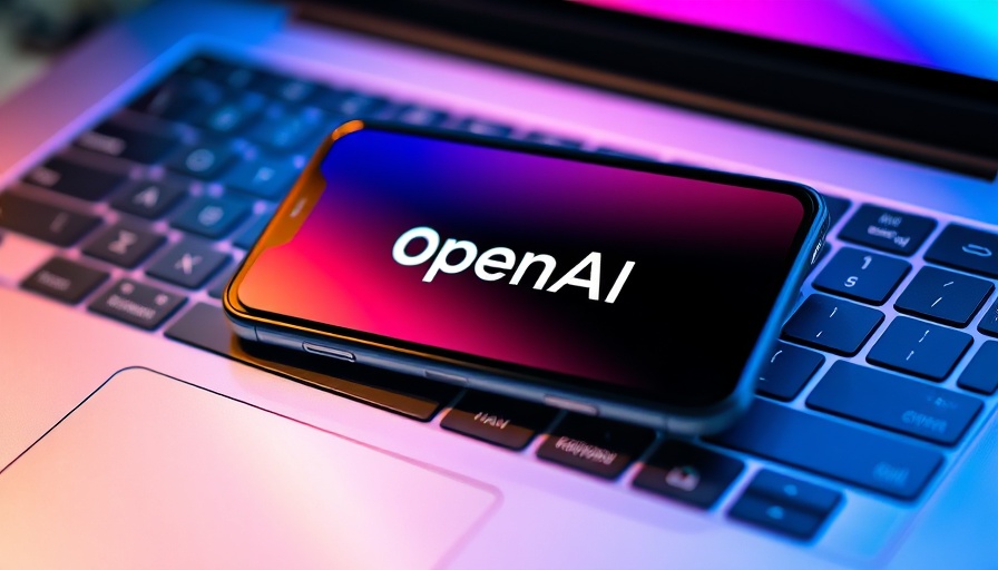 OpenAI logo displayed on phone over laptop, vibrant colors.
