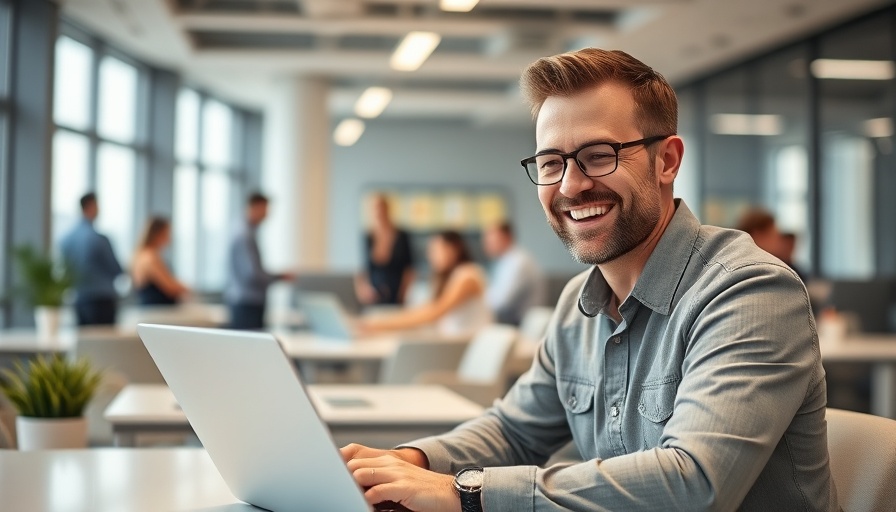 AI Adoption in B2B Marketing: Man engaging with AI tools in office.
