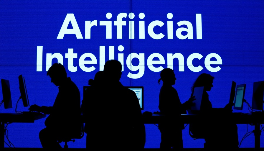 Silhouetted figures at computers in front of AI sign