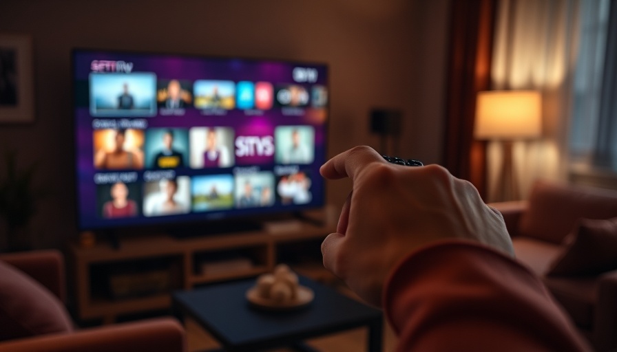 Hand with remote control pointing at streaming TV in a dim room.