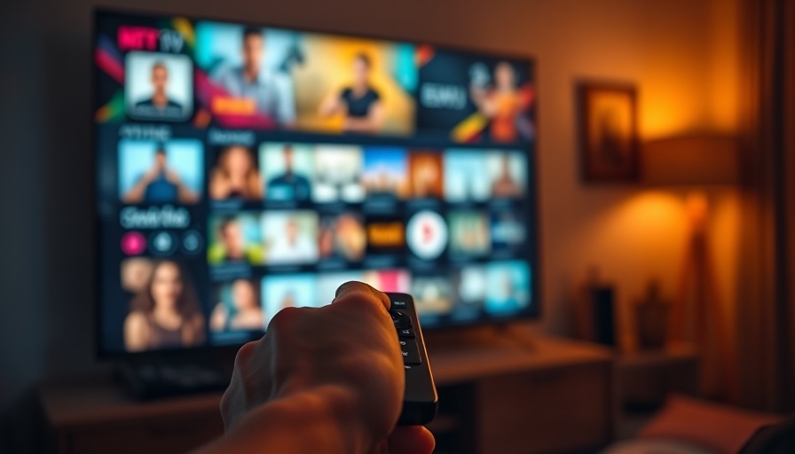 Remote control in hand pointing at TV with streaming options, showcasing entertainment choices.