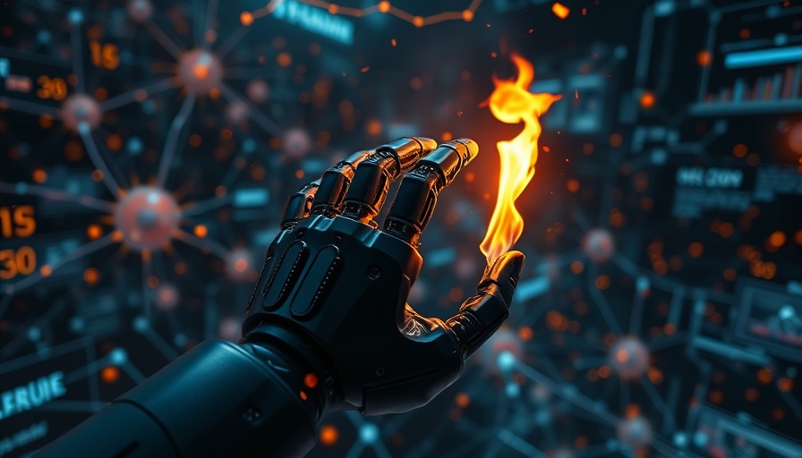 Futuristic robotic hand with flame, deep reasoning AI concept.