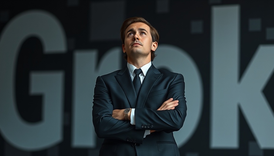 Confident individual with arms crossed, standing beside 'Grok' logo.