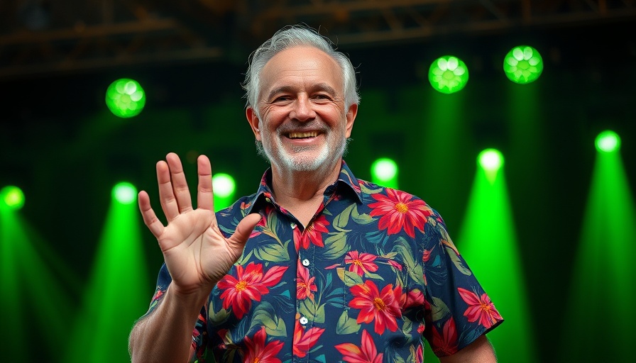 Lively man making 'OK' sign on stage with vibrant lighting at event