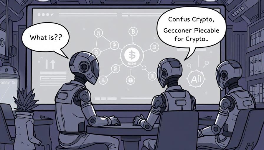 Satirical illustration of AI agents discussing crypto topics humorously
