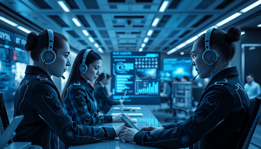 Futuristic AI agents in a modern office handling customer complaints.