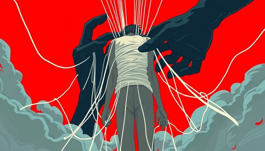 Abstract illustration of person tangled in strings with hands manipulating.