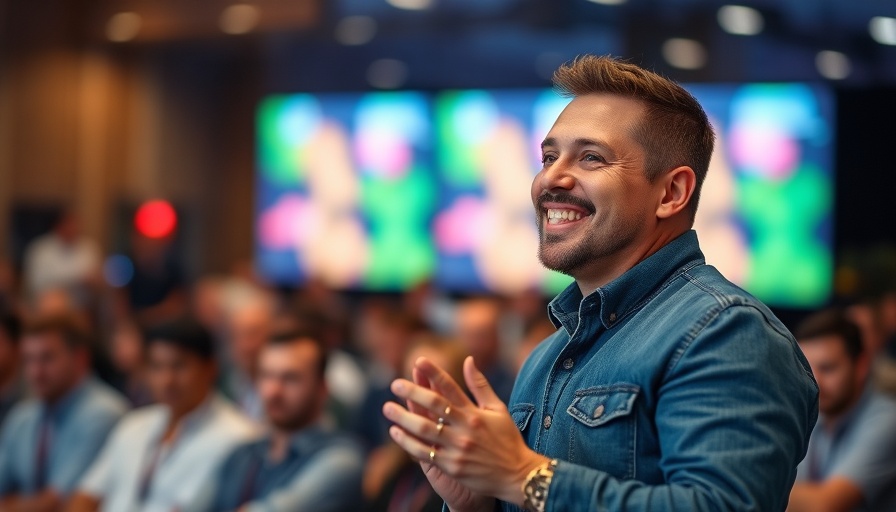 Engaged business speaker discusses AI revenue growth at conference.