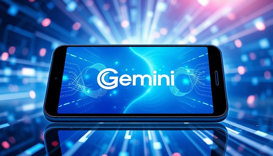 Futuristic smartphone screen displaying Gemini logo with digital patterns, AI tools accessibility.