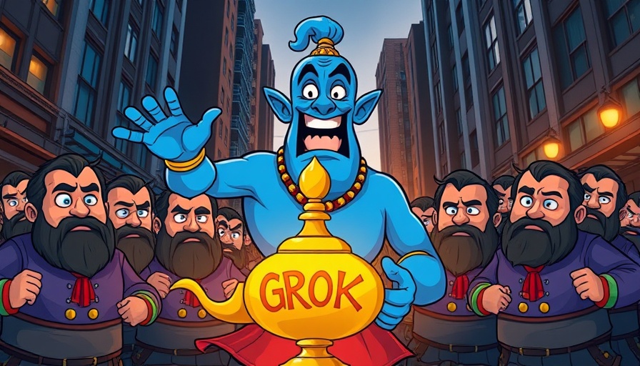 Cartoon characters with blue genie in urban setting, elon musk grok 3