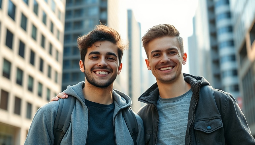 Two young men smiling outside with cityscape background.