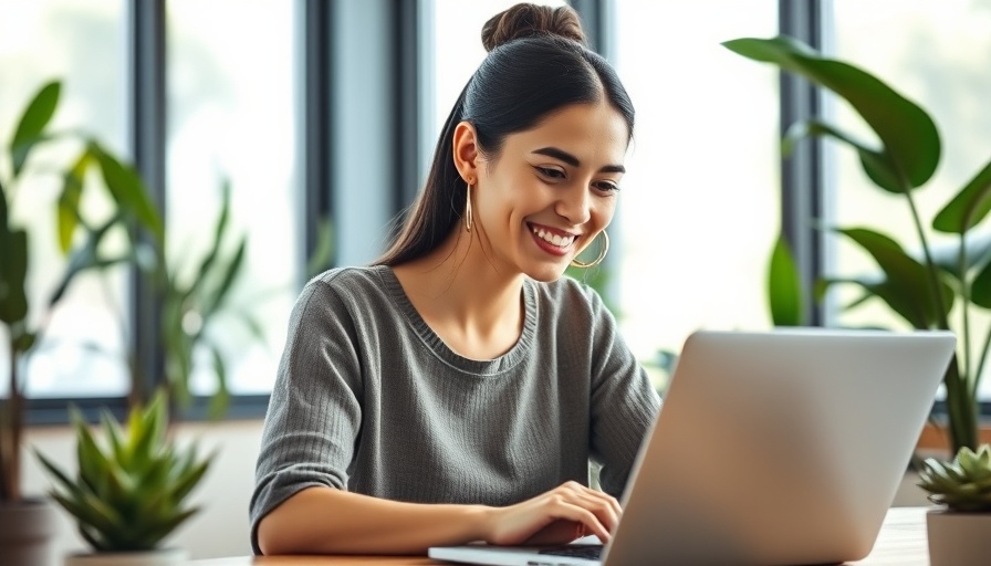 Smiling woman using laptop in home office setting, AI agents.