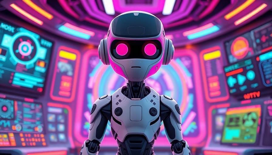Futuristic robotic AI agent in high-tech control room.