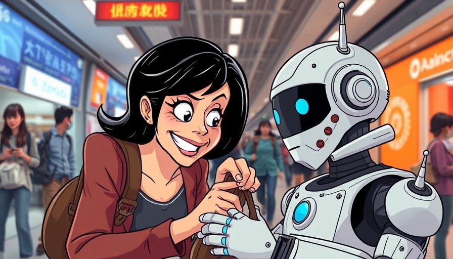 Woman covertly taking bag from AI robot in humorous indoor scene.