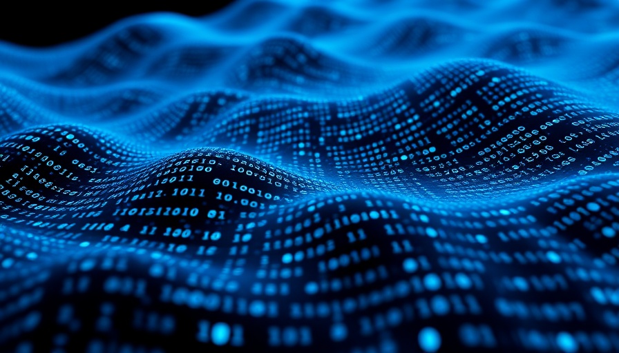 Flowing binary code wave in digital landscape, trending AI news.