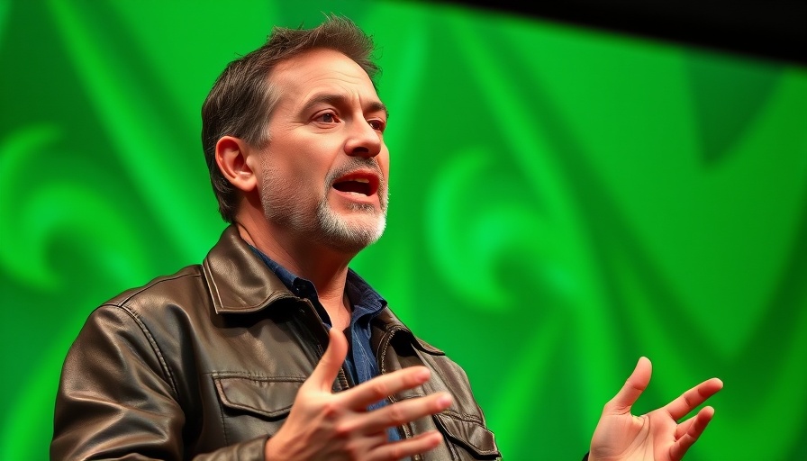 Mature man discussing agentic AI on stage with dynamic background.