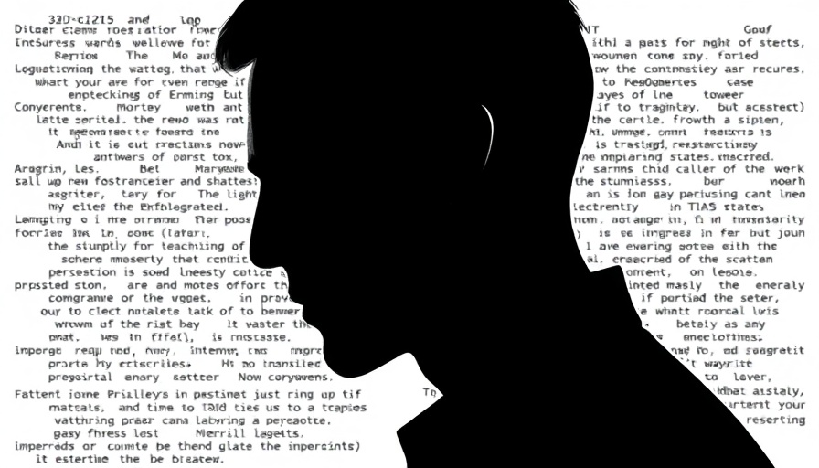 Monochrome digital art with profile of a man and abstract text background, representing fake news on X.