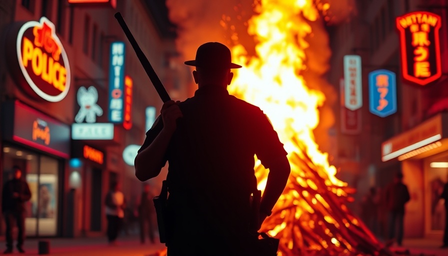 Police officer silhouette in front of bonfire with neon signs.