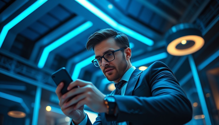 Businessman in blue-lit room holding smartphone related to AI search engines.