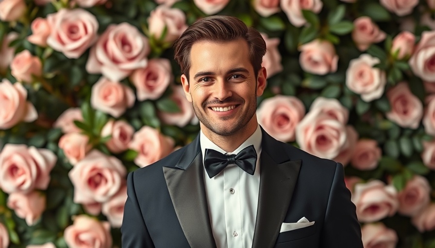 Elegant man smiling in tuxedo against floral background