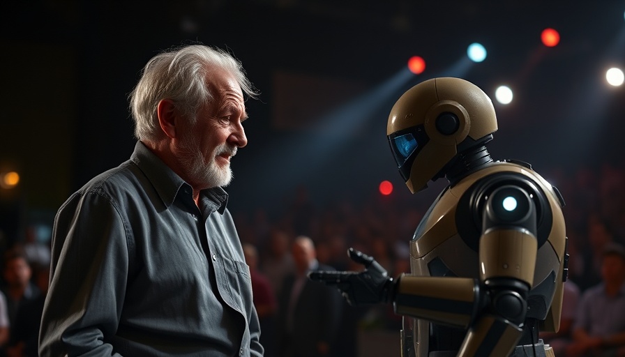 AI in entertainment showcased with a man and robot on stage.