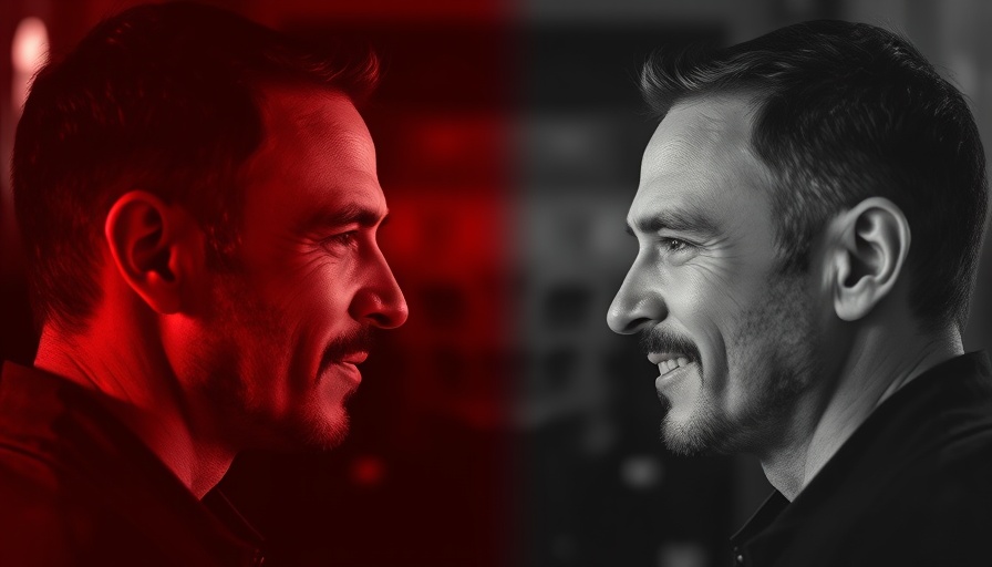 Two men in a dramatic face-off, symbolizing AI dispute.