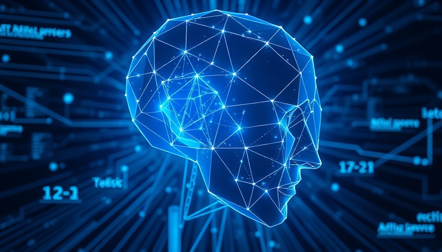 Futuristic AI head with geometric patterns and scientific equations.