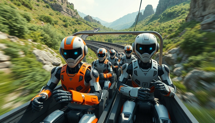 Futuristic robots on a train, agentic AI concept, lush landscape.