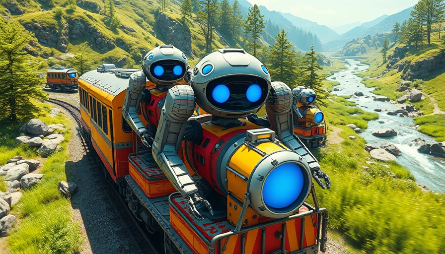 Agentic AI robots on a futuristic train journey.