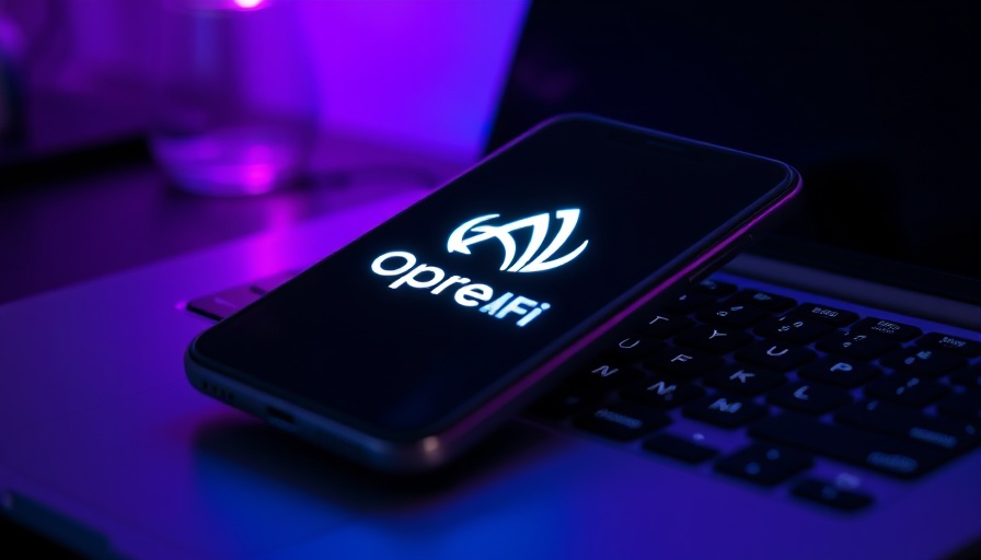 OpenAI logo on phone over a keyboard with purple lighting.