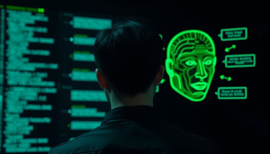 Futuristic human and AI interaction illustration with text bubbles.