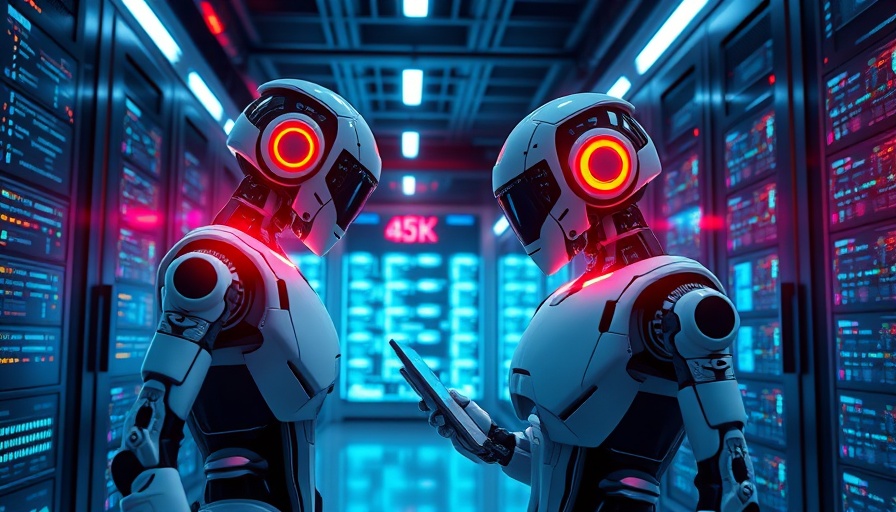 Futuristic AI robots in a server room performing maintenance.