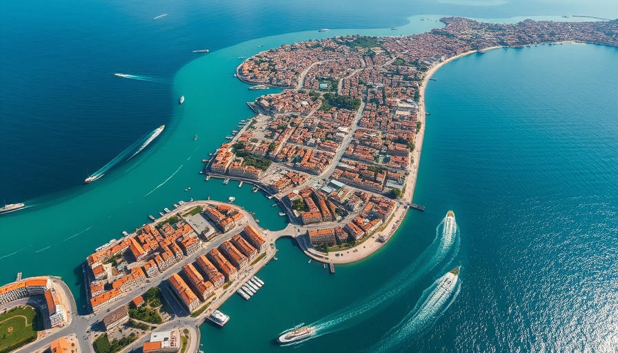 Vivid satellite view showcasing coastal cityscape and waterways.
