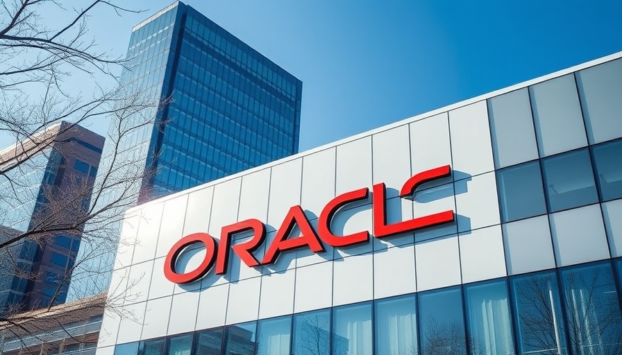 Oracle building in urban setting, blue sky background.
