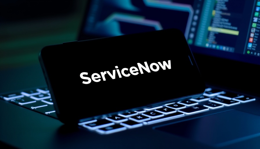 Smartphone displaying ServiceNow logo, laptop keyboard, green light