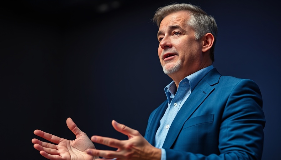 Mature man in blue suit discussing agentic AI indoors.