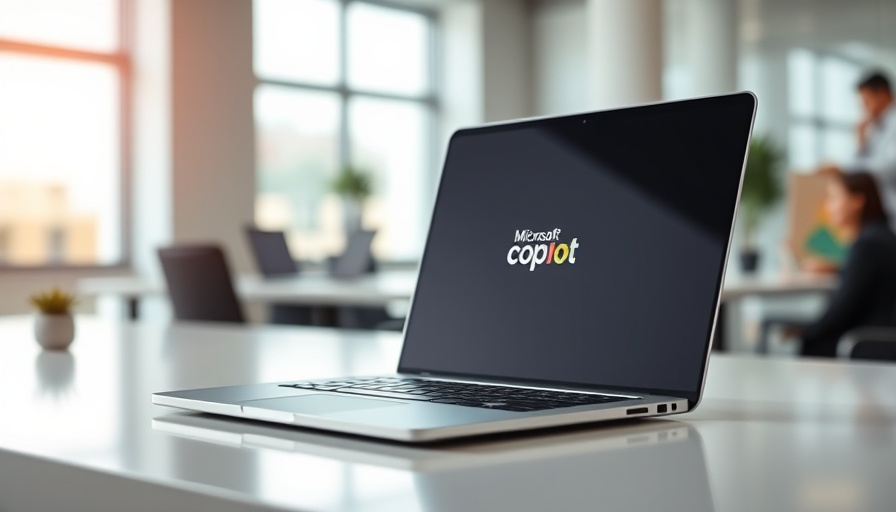 Microsoft Copilot logo displayed on a laptop in an office.