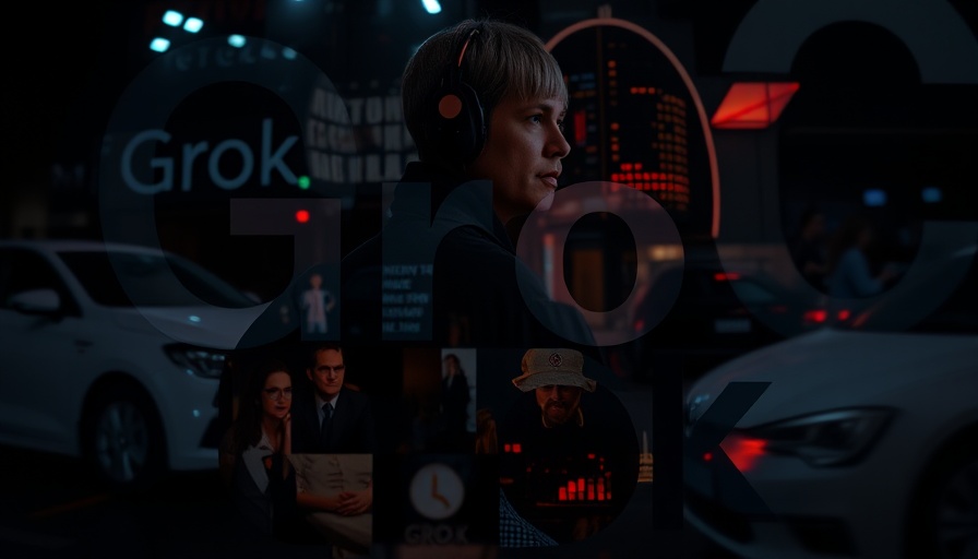Corporate branding image featuring Grok and Elon Musk with reflections.