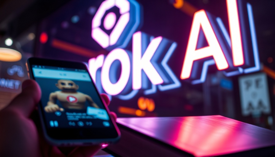 Grok AI chatbot signage with neon reflections and book cover in focus.