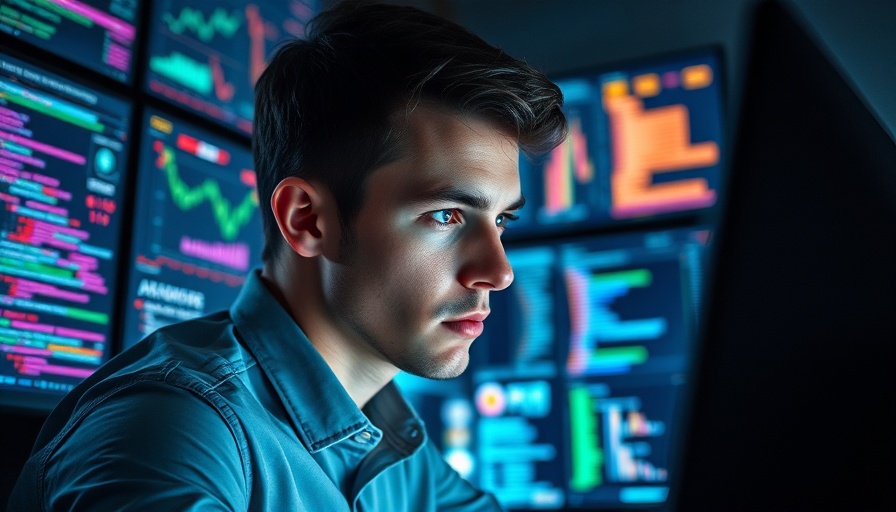 Young man analyzing data on screens related to trending AI news.