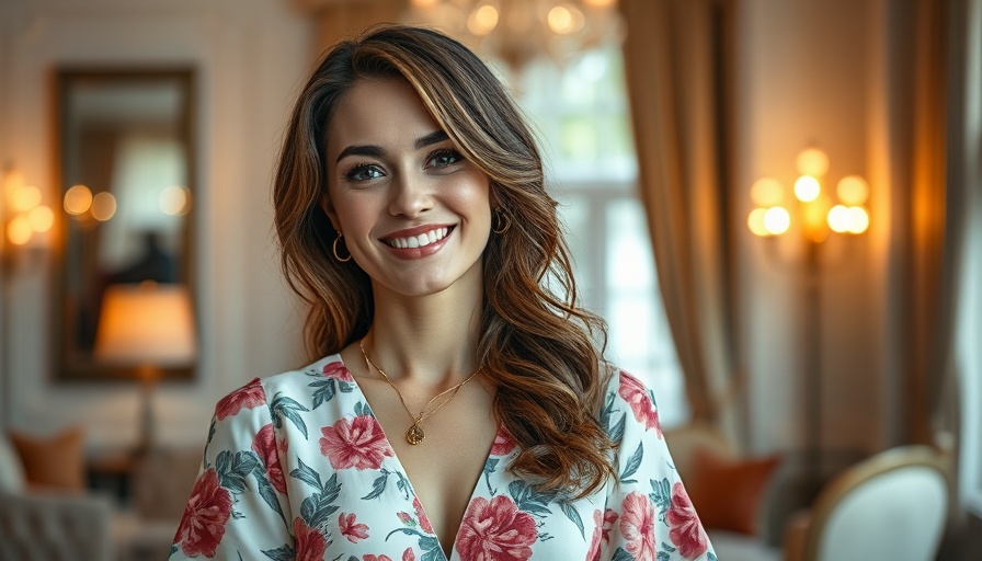 Stylish woman in floral dress smiling confidently indoors.