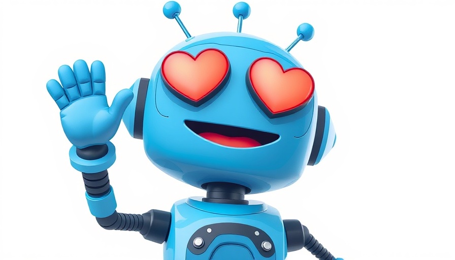 Friendly AI agent robot with heart eyes waving in a cartoon style