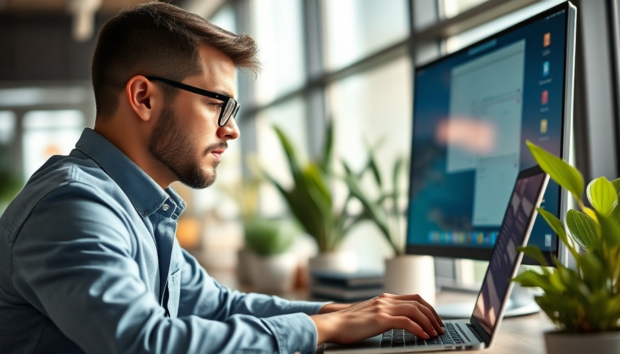 Professional using laptop in modern office, Microsoft AI context.