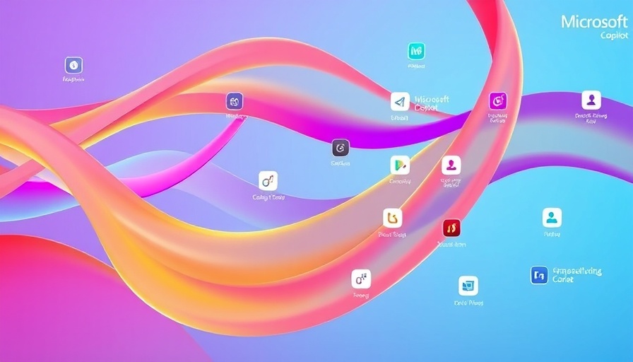 Microsoft Copilot AI tools illustration with app icons and task ribbons.