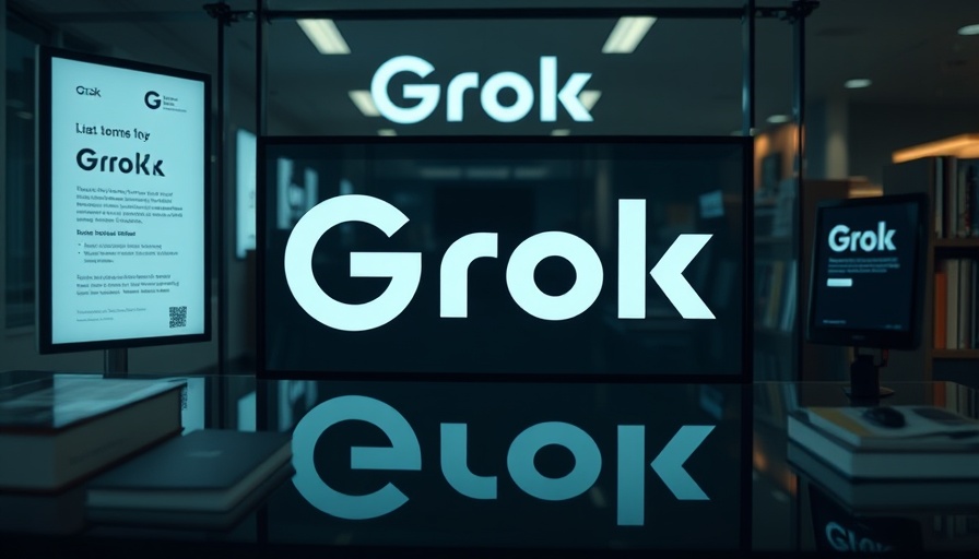 Grok AI branding with reflective display and muted lighting.