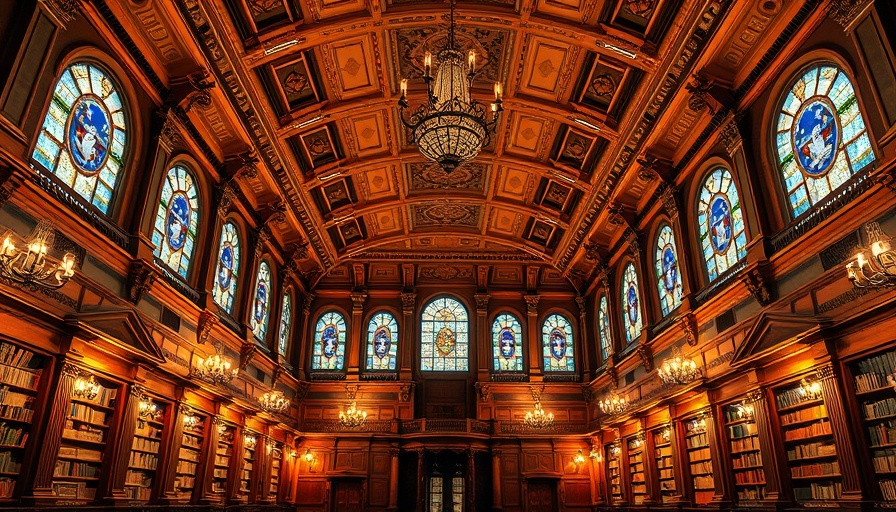 Grand library interior with ornate ceilings and chandeliers.