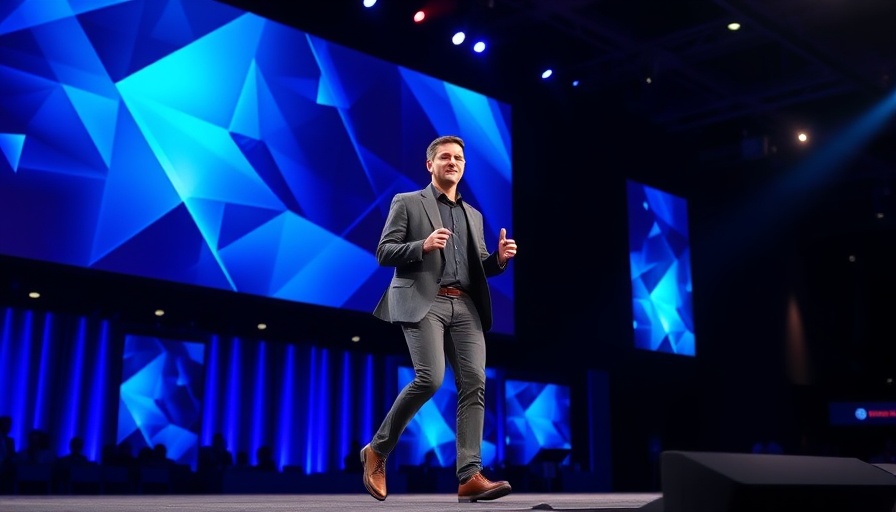 Confident presenter on stage at tech conference, showcasing Experience Agents in AI market.
