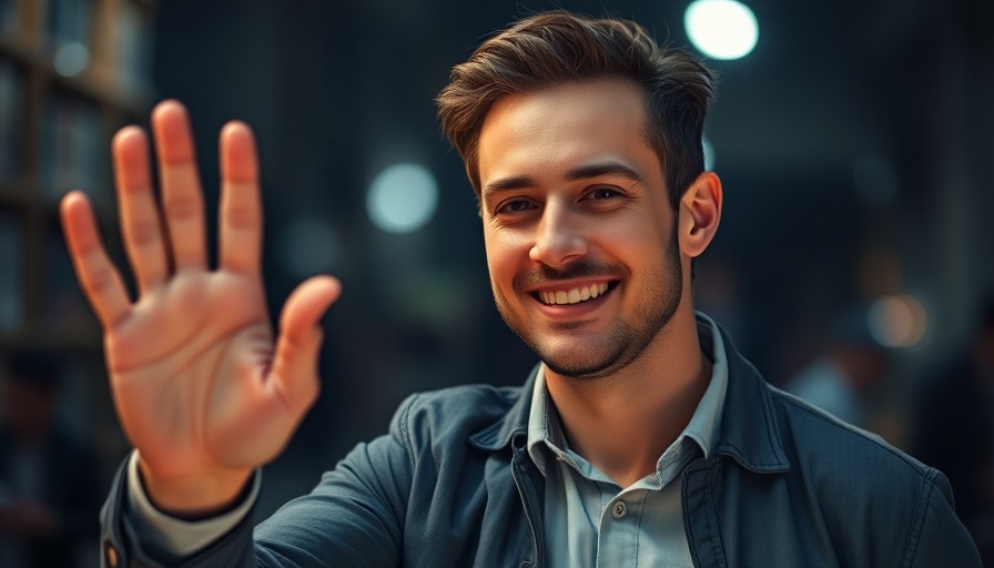 Casually dressed man raising hand at night, photorealistic.