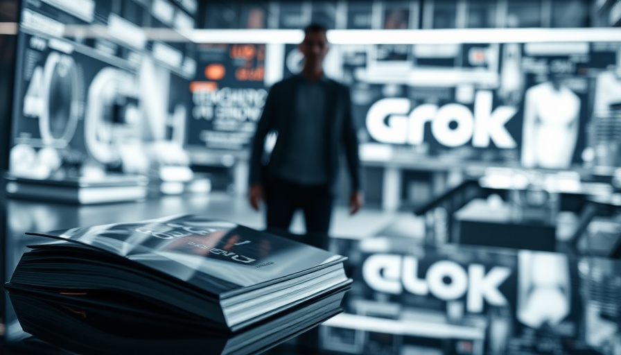 Reflective display showcasing 'Grok' logo in AI news context.