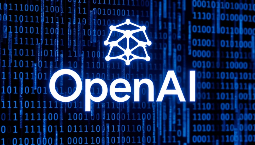 OpenAI logo illuminated on background of binary code, depicting technology.